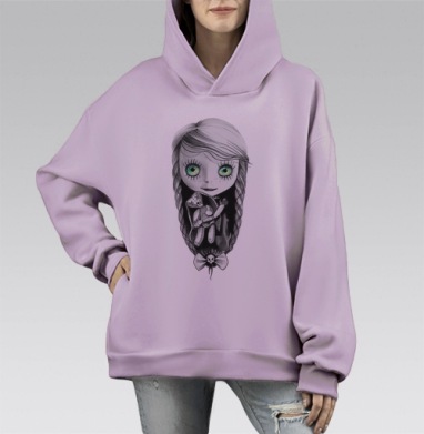 Готическая кукольная девочка с зелёными глазами, Hoodie Mono Fiolet, оверсайз, утепленная