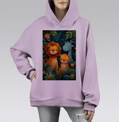 Милые дикие животные в зелёной тропической чаще, Hoodie Mono Fiolet, оверсайз, утепленная