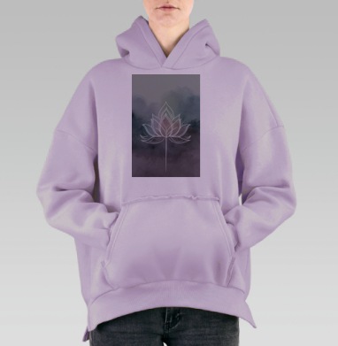 Минималистичный белый лотос на фоне синего серого фиолетового, Hoodie Oversize Fiolet, утепленная
