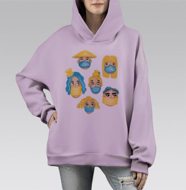 Яркий узор лиц с масками в синих и жёлтых тонах, Hoodie Mono Fiolet, оверсайз, утепленная