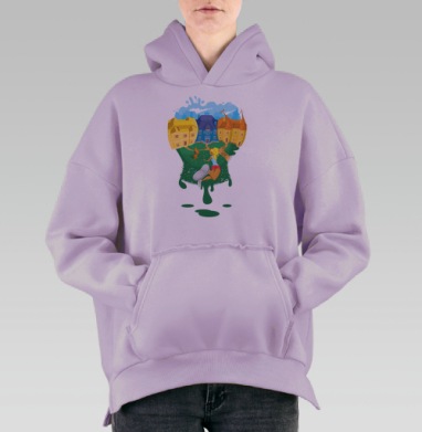 Молодая женщина с лисёнком на зеленом холме ползает на траве, Hoodie Oversize Fiolet, утепленная