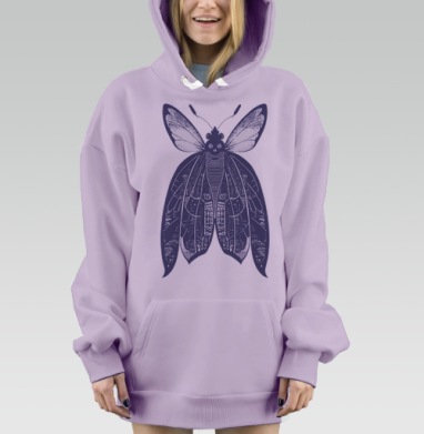 Мистическая бабочка «Мёртвая голова» в стиле линогравюры, Hoodie Mjhigh Dig Mel, Fiolet, утепленная