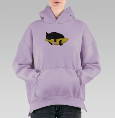 Пушистый кот с милым банановым другом, Hoodie Oversize Fiolet, утепленная