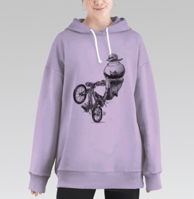 Велосипедист с аквариумом на голове в графическом скетче, Hoodie Long Oversize Fiolet