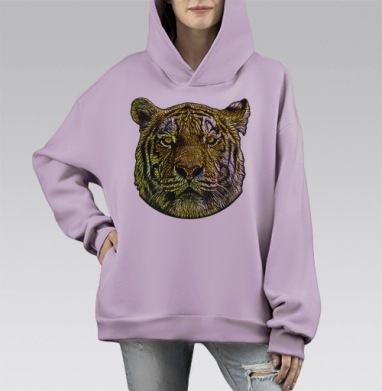Яркий портрет тигра в стиле витраж, Hoodie Mono Fiolet, оверсайз, утепленная