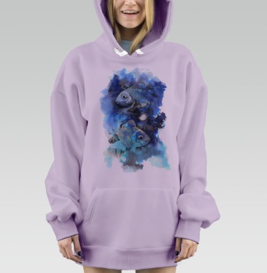 Акварельные рыбы в мистическом синем водовороте, Hoodie Mjhigh Dig Mel, Fiolet, утепленная