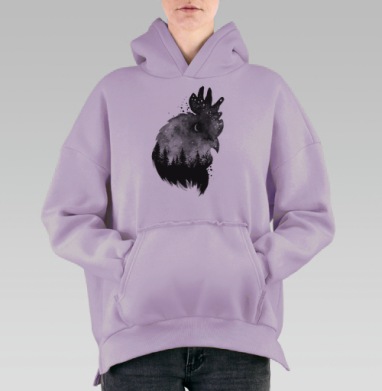 Петух ночи с лесом и звездным небом, Hoodie Oversize Fiolet, утепленная