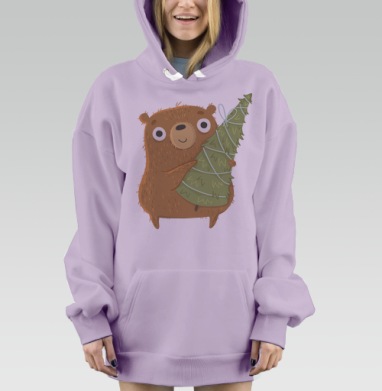 Медведь с рождественской ёлкой тепла и уюта, Hoodie Mjhigh Dig Mel, Fiolet, утепленная