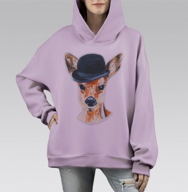 Олень в шляпе, Hoodie Mono Fiolet, оверсайз, утепленная