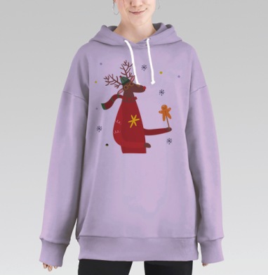 Милый рождественский олень в свитере и очках, Hoodie Long Oversize Fiolet