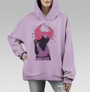 Романтичный персонаж с розовой прической и веточкой розы, Hoodie Mono Fiolet, оверсайз, утепленная