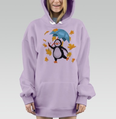 Милый пингвин с зонтом в осеннем листопаде, Hoodie Mjhigh Dig Mel, Fiolet, утепленная