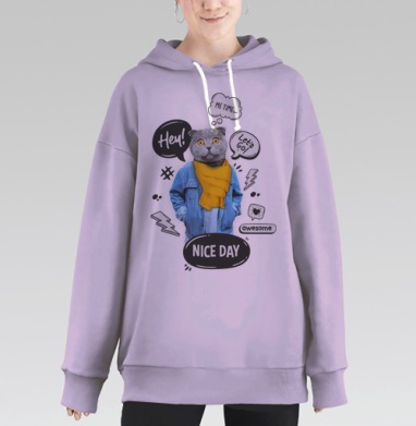 Стильный кот с желтым шарфом — поп-арт коллаж, Hoodie Long Oversize Fiolet