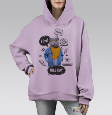 Стильный кот с желтым шарфом — поп-арт коллаж, Hoodie Mono Fiolet, оверсайз, утепленная