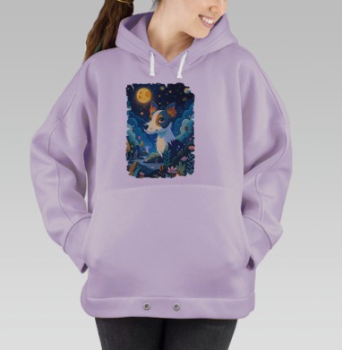 Волшебная собака в ночном лесу — декоративная иллюстрация, Hoodie Oversize Fiolet