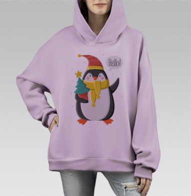 Весёлый праздничный пингвин в зимнем наряде, Hoodie Mono Fiolet, оверсайз, утепленная