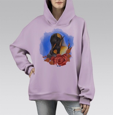 Картина с двумя нежными пингвинами и красочным цветком, Hoodie Mono Fiolet, оверсайз, утепленная