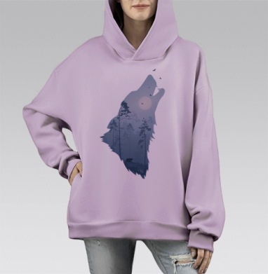 Воющий волк с лесным пейзажем внутри, Hoodie Mono Fiolet, оверсайз, утепленная