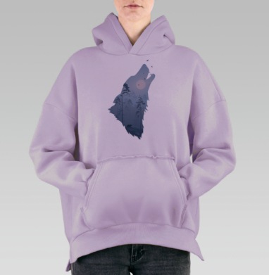 Воющий волк с лесным пейзажем внутри, Hoodie Oversize Fiolet, утепленная