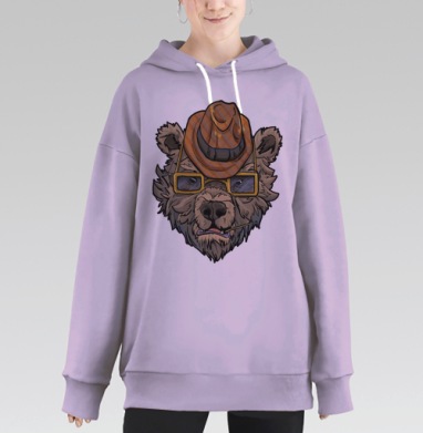 Стильный медведь в шляпе и очках — яркий арт, Hoodie Long Oversize Fiolet
