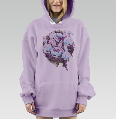 Милые белые кролики в фиолетовых цветах, Hoodie Mjhigh Dig Mel, Fiolet, утепленная