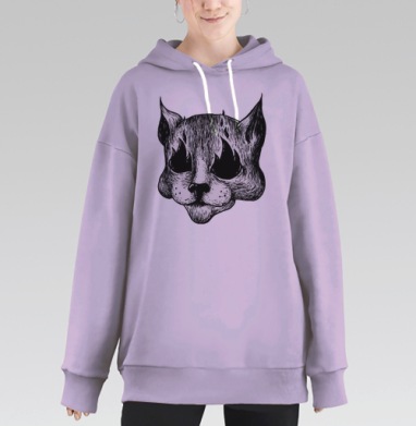 Кошачья голова с пламенными глазами в гравюре, Hoodie Long Oversize Fiolet