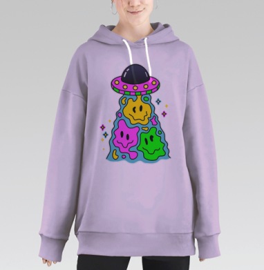 Яркая мультяшная летающая тарелка с улыбками, Hoodie Long Oversize Fiolet