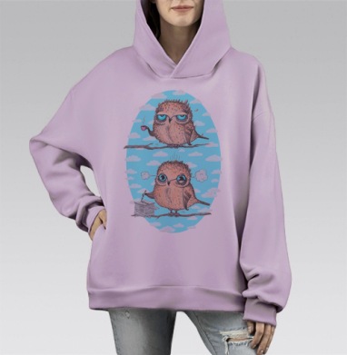 Милые совята: утро и работа – арт-принт, Hoodie Mono Fiolet, оверсайз, утепленная
