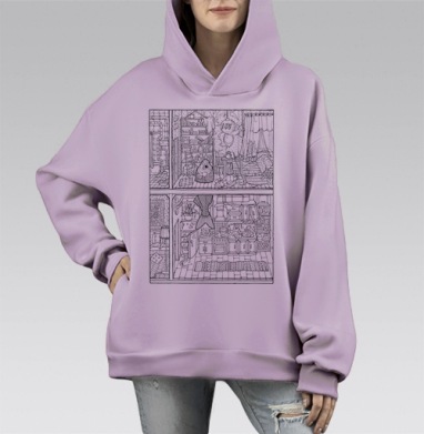 Сюрреалистичная картина «Рыбий дом» — абсурд повседневности, Hoodie Mono Fiolet, оверсайз, утепленная