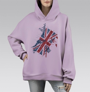 Разрушенный английский символ динамичный британский флаг гранж, Hoodie Mono Fiolet, оверсайз, утепленная
