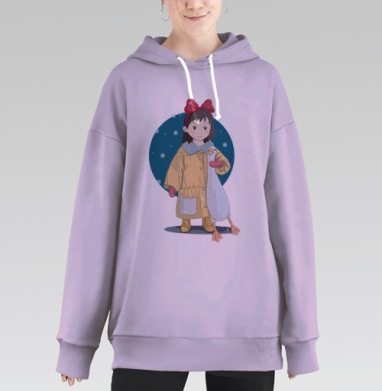 Зимняя иллюстрация с девочкой и длинным белым гусем, Hoodie Long Oversize Fiolet