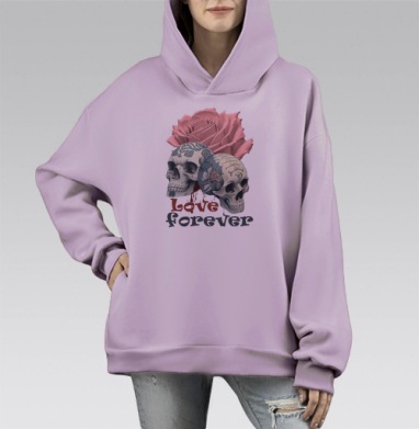 Розовая роза с черепами символы вечной любви forever, Hoodie Mono Fiolet, оверсайз, утепленная