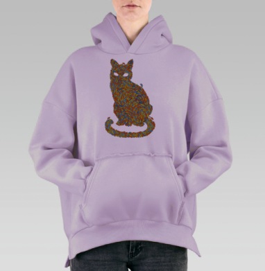Сюрреалистичный силуэт кошки из ярких насекомых, Hoodie Oversize Fiolet, утепленная