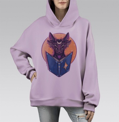 Мистический кот софт-хоррор иллюстрация, Hoodie Mono Fiolet, оверсайз, утепленная