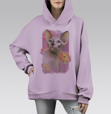 Цифровая картина Сфинкс с нежными цветами, Hoodie Mono Fiolet, оверсайз, утепленная