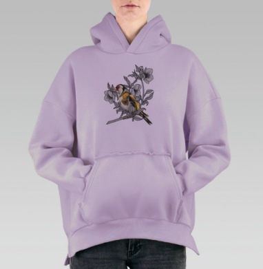 Щегол в ярких оттенках на графичных ветках, Hoodie Oversize Fiolet, утепленная