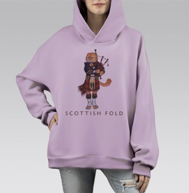 Кот-волынщик в шотландском костюме, Hoodie Mono Fiolet, оверсайз, утепленная