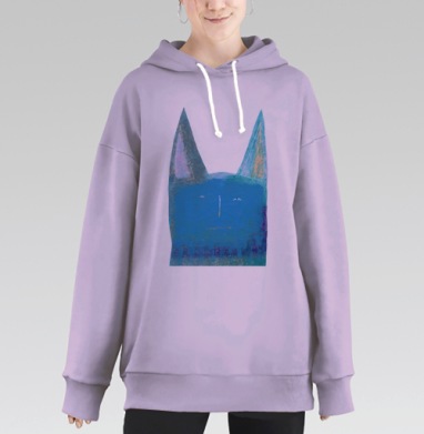 Синий задумчивый кот с крупными ушами, Hoodie Long Oversize Fiolet