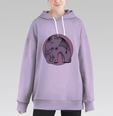 Спокойный слон в круге с этно-узорами, Hoodie Long Oversize Fiolet