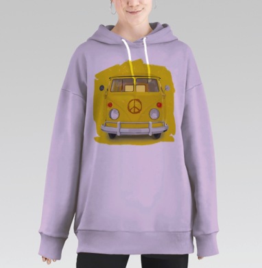 Яркий жёлтый микроавтобус Volkswagen с символом мира, Hoodie Long Oversize Fiolet