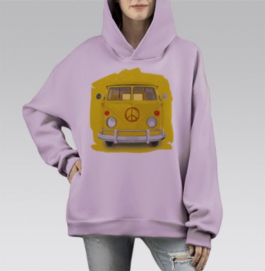 Яркий жёлтый микроавтобус Volkswagen с символом мира, Hoodie Mono Fiolet, оверсайз, утепленная