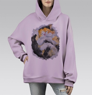 Акварельный сон: спящий котёнок в уюте, Hoodie Mono Fiolet, оверсайз, утепленная