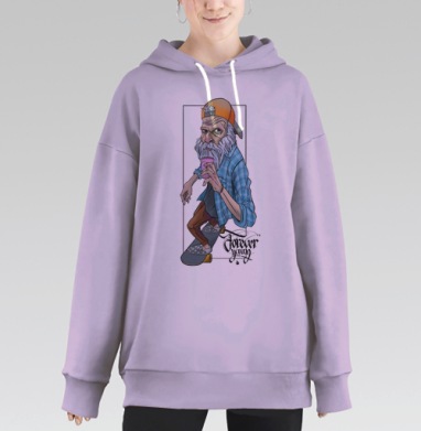 Пожилой скейтбордист «Forever Young» в кепке, Hoodie Long Oversize Fiolet