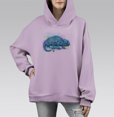 Стилизованный хамелеон с надписью STAY TRUE, Hoodie Mono Fiolet, оверсайз, утепленная