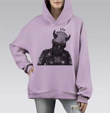 Бунтарь с рогами и надписью MADNESS в байкерской куртке, Hoodie Mono Fiolet, оверсайз, утепленная