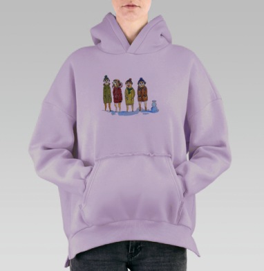 Сурикаты в зимней одежде на снегу, Hoodie Oversize Fiolet, утепленная