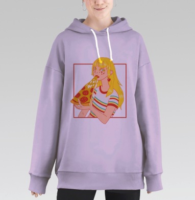 Яркий принт Девушка с пиццей и сырной тянучкой, Hoodie Long Oversize Fiolet