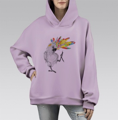 Яркий танцующий какаду с радужным хохолком, Hoodie Mono Fiolet, оверсайз, утепленная