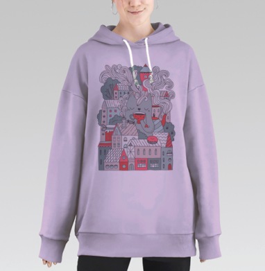 Гигантский кот с чашкой чая над городом, Hoodie Long Oversize Fiolet