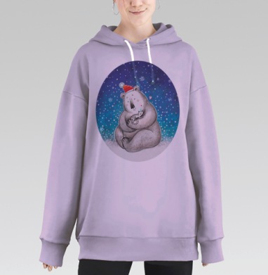 Медведь и котенок в новогодних колпаках, Hoodie Long Oversize Fiolet